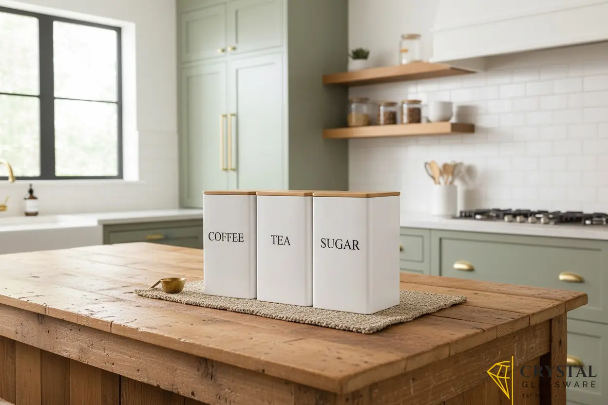 Shoxil white canisters are made of powder-coated steel with airtight bamboo lids